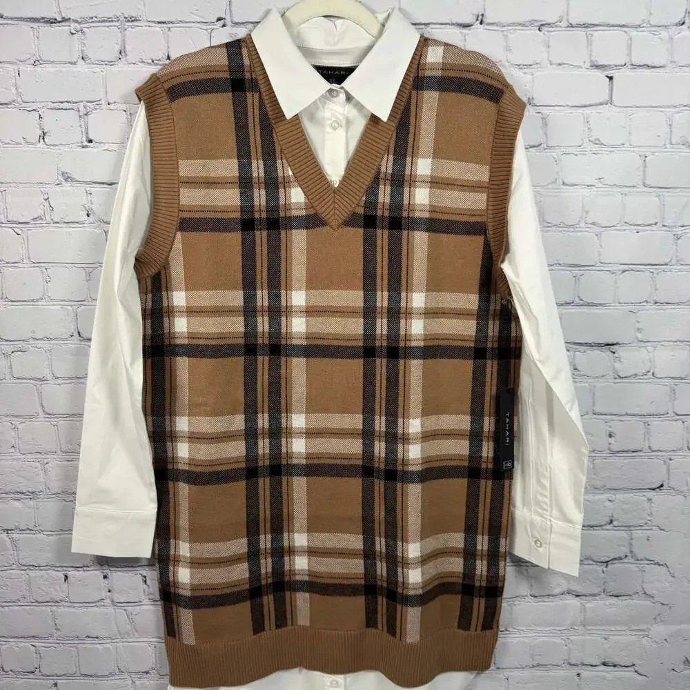 Tahari NWT Two-in-One Long Sleeve Plaid Sweater Vest Shift Dress Women Size M - Picture 2 of 7